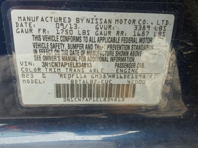 3N1CN7AP1EL834813 - 2014 NISSAN VERSA BLUE photo 10