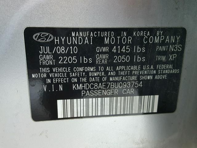 KMHDC8AE7BU093754 - 2011 HYUNDAI ELANTRA TO SILVER photo 10