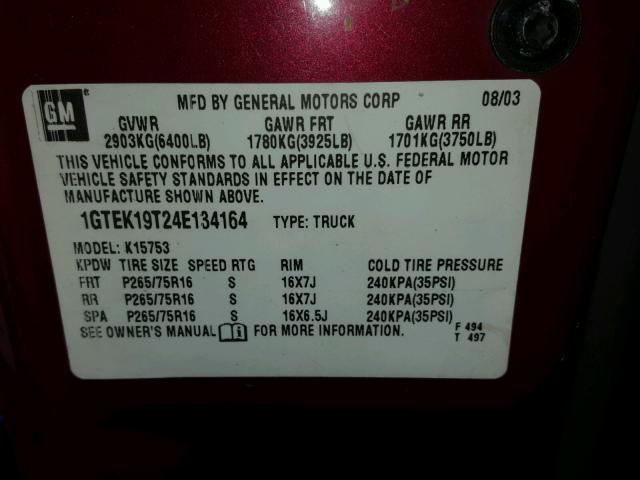 1GTEK19T24E134164 - 2004 GMC NEW SIERRA RED photo 10