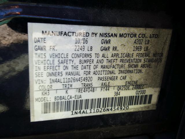 1N4AL11D26N454920 - 2006 NISSAN ALTIMA S BLACK photo 10