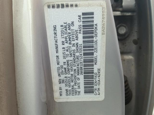 1NXBR12E71Z470531 - 2001 TOYOTA COROLLA CE SILVER photo 10