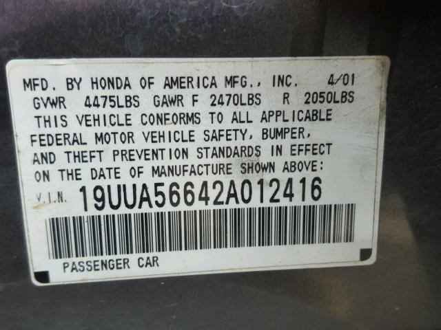 19UUA56642A012416 - 2002 ACURA 3.2TL CHARCOAL photo 10