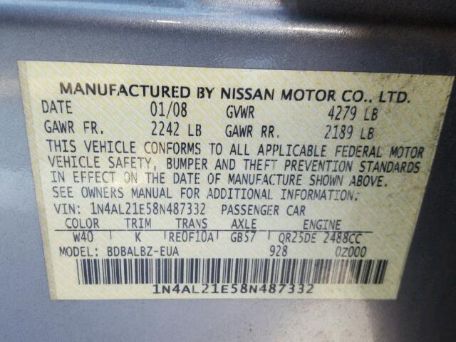 1N4AL21E58N487332 - 2008 NISSAN ALTIMA 2.5 SILVER photo 10