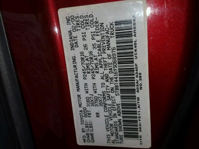 5TBBT4416YS068976 - 2000 TOYOTA TUNDRA ACC RED photo 10