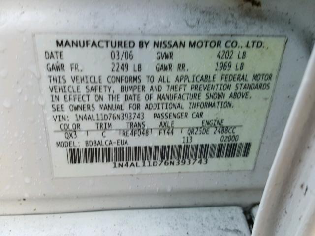 1N4AL11D76N393743 - 2006 NISSAN ALTIMA S WHITE photo 10