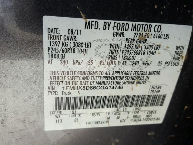 1FMHK8D86CGA14746 - 2012 FORD EXPLORER X GRAY photo 10