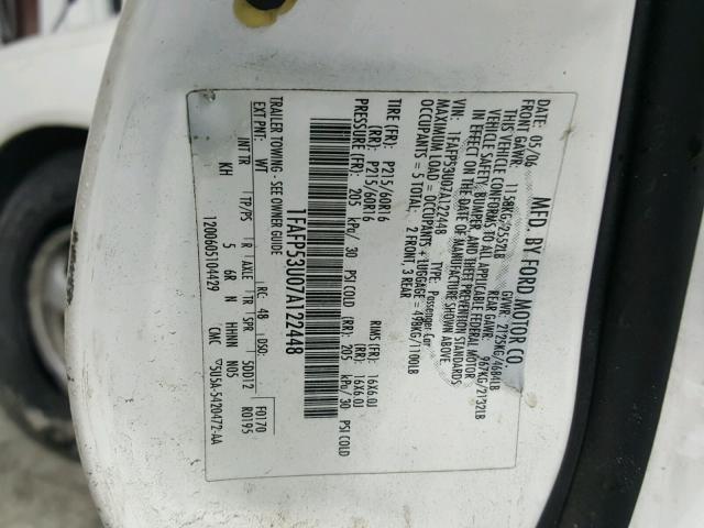 1FAFP53U07A122448 - 2007 FORD TAURUS SE WHITE photo 10