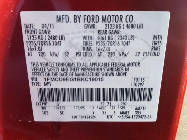 1FMCU9EG1BKC19015 - 2011 FORD ESCAPE LIM RED photo 10