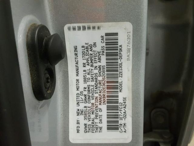 1NXBR32E36Z620895 - 2006 TOYOTA COROLLA CE SILVER photo 10