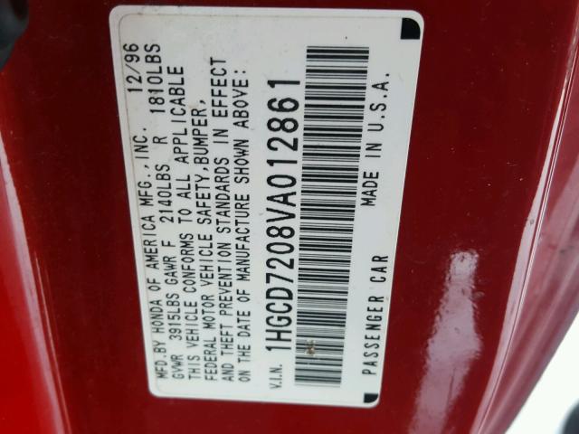 1HGCD7208VA012861 - 1997 HONDA ACCORD SE RED photo 10