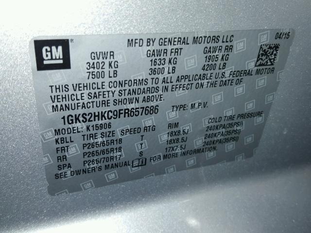 1GKS2HKC9FR657686 - 2015 GMC YUKON XL K SILVER photo 10