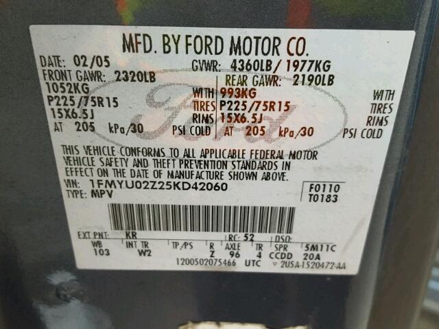 1FMYU02Z25KD42060 - 2005 FORD ESCAPE XLS BLUE photo 10