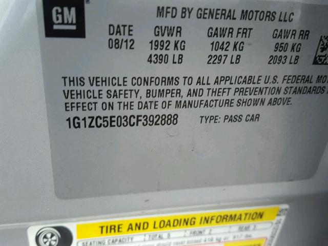 1G1ZC5E03CF392888 - 2012 CHEVROLET MALIBU 1LT SILVER photo 10