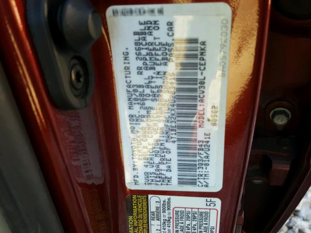 4T1BE32KX4U283415 - 2004 TOYOTA CAMRY LE MAROON photo 10