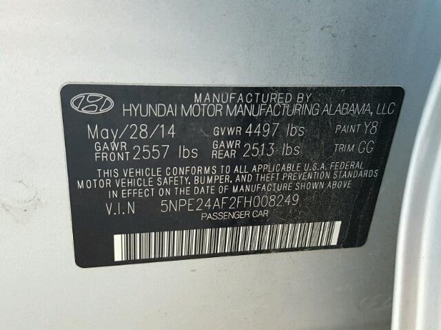 5NPE24AF2FH008249 - 2015 HYUNDAI SONATA SE SILVER photo 10