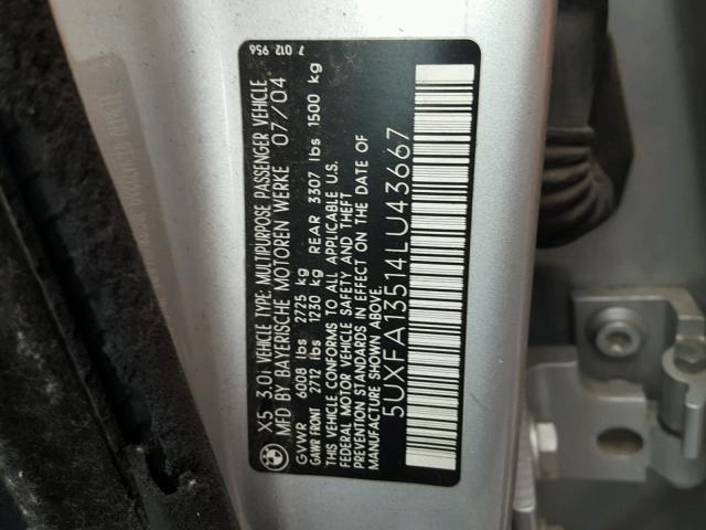 5UXFA13514LU43667 - 2004 BMW X5 3.0I SILVER photo 10