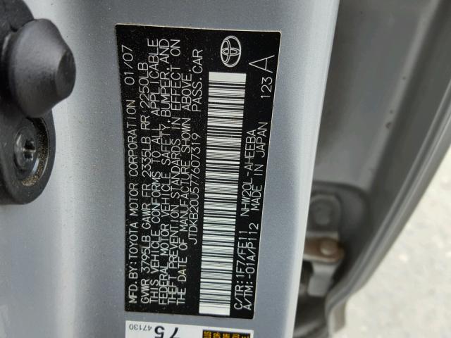 JTDKB20U577607319 - 2007 TOYOTA PRIUS SILVER photo 10