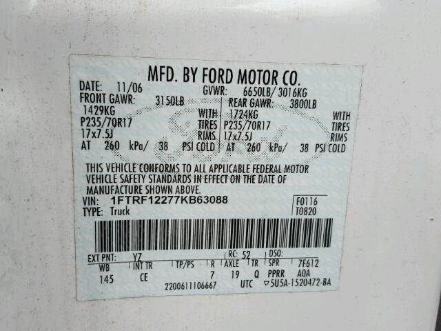 1FTRF12277KB63088 - 2007 FORD F150 WHITE photo 10