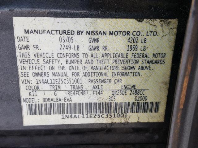 1N4AL11E25C351001 - 2005 NISSAN ALTIMA S GRAY photo 10