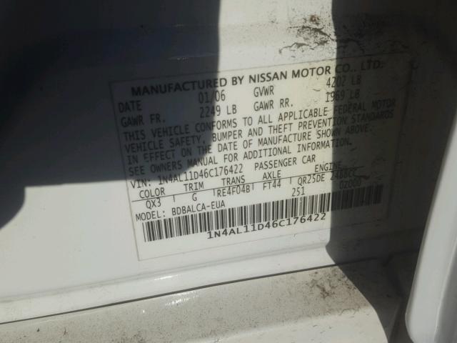 1N4AL11D46C176422 - 2006 NISSAN ALTIMA S WHITE photo 10