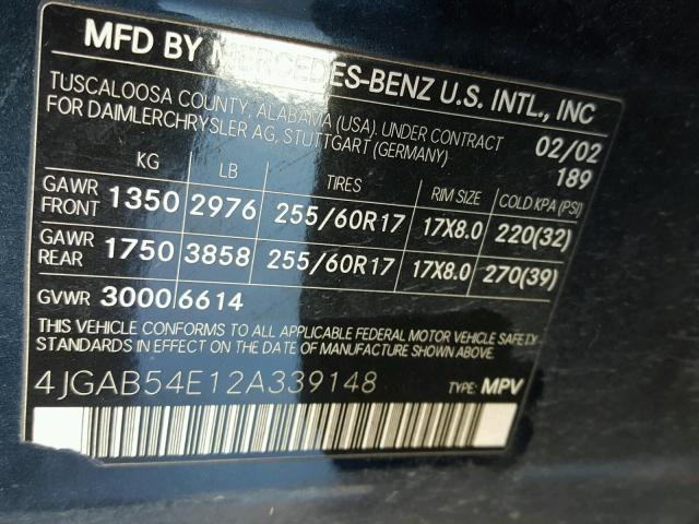 4JGAB54E12A339148 - 2002 MERCEDES-BENZ ML 320 BLUE photo 10