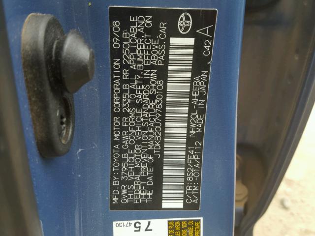 JTDKB20U797830108 - 2009 TOYOTA PRIUS BLUE photo 10