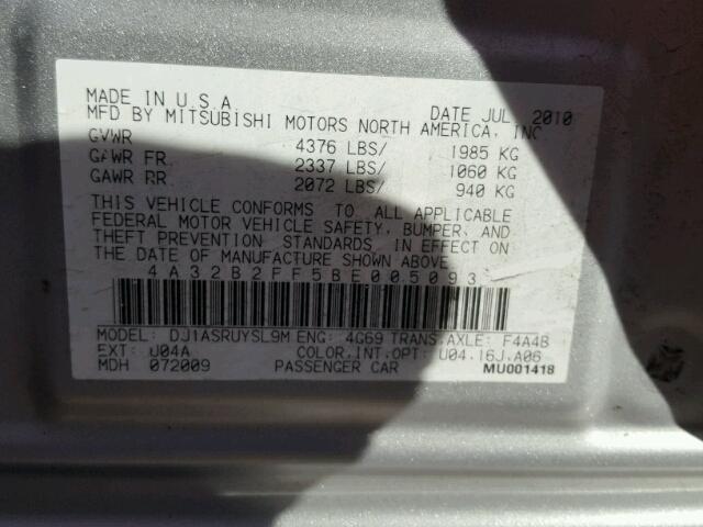 4A32B2FF5BE005093 - 2011 MITSUBISHI GALANT FE SILVER photo 10