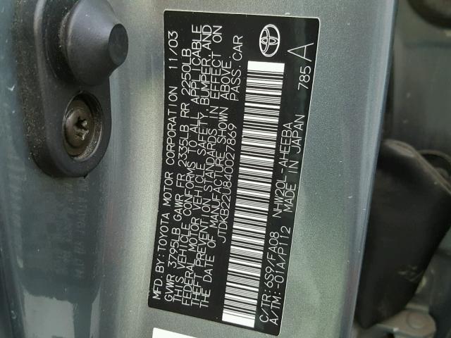 JTDKB22U840027869 - 2004 TOYOTA PRIUS GREEN photo 10