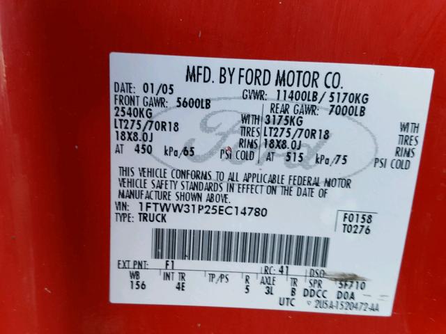 1FTWW31P25EC14780 - 2005 FORD F350 SRW S RED photo 10