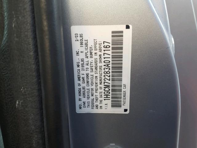 1HGCM72283A017167 - 2003 HONDA ACCORD LX SILVER photo 10