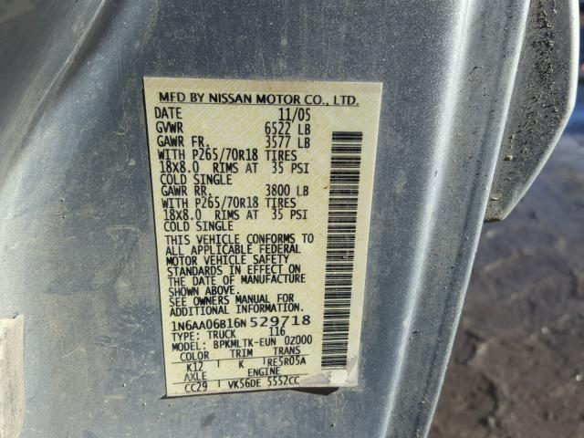 1N6AA06B16N529718 - 2006 NISSAN TITAN XE SILVER photo 10