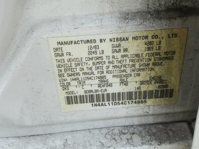 1N4AL11D54C174885 - 2004 NISSAN ALTIMA BAS WHITE photo 10