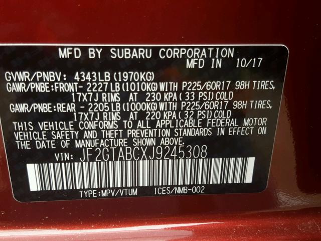 JF2GTABCXJ9245308 - 2018 SUBARU CROSSTREK RED photo 10