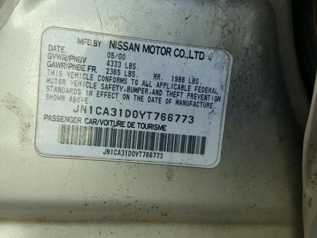 JN1CA31D0YT766773 - 2000 NISSAN MAXIMA GLE GOLD photo 10