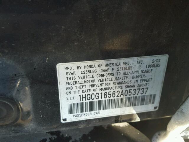 1HGCG16562A053737 - 2002 HONDA ACCORD EX BLACK photo 10