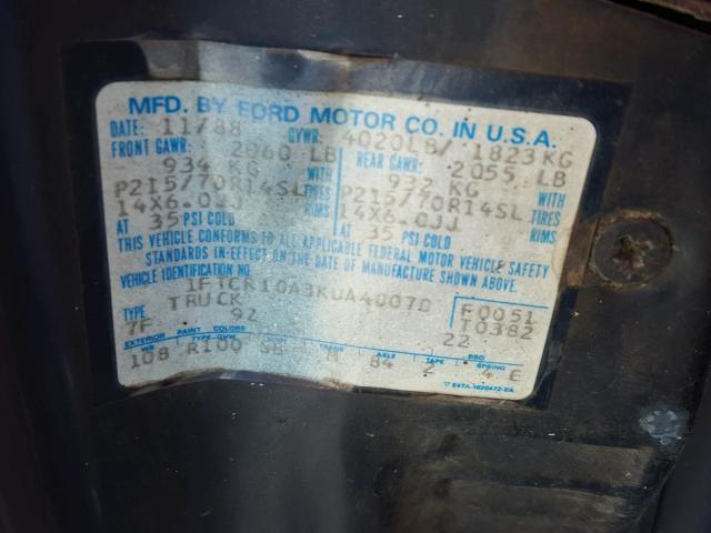 1FTCR10A3KUA40070 - 1989 FORD RANGER BLUE photo 10