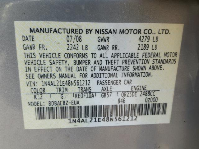 1N4AL21E48N561212 - 2008 NISSAN ALTIMA 2.5 SILVER photo 10