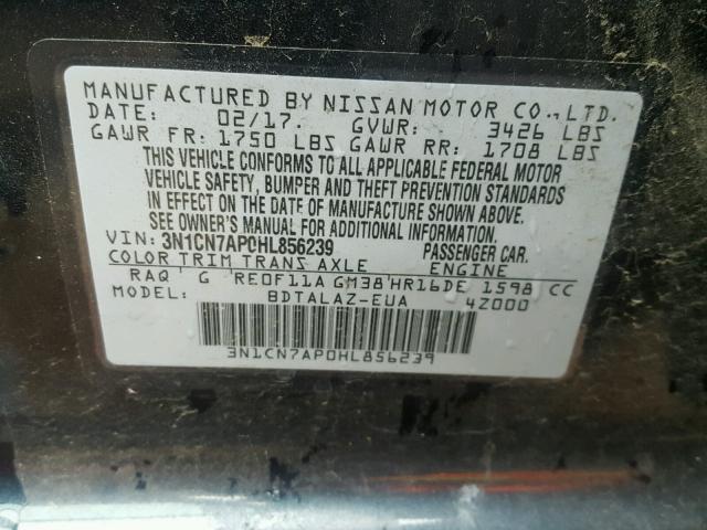 3N1CN7AP0HL856239 - 2017 NISSAN VERSA S BLUE photo 10