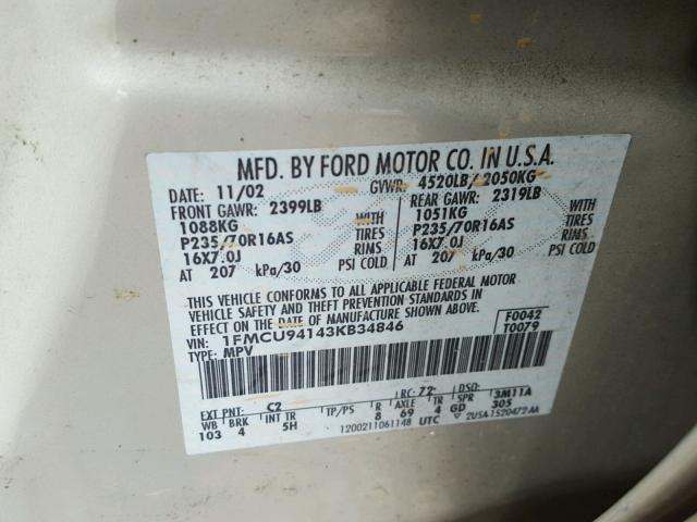 1FMCU94143KB34846 - 2003 FORD ESCAPE LIM GOLD photo 10