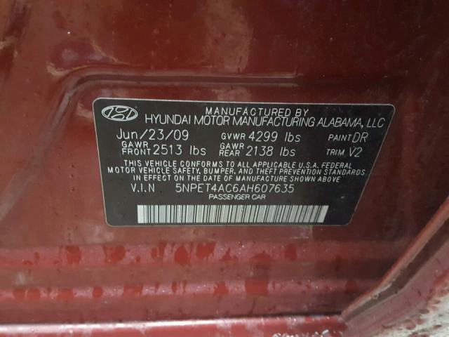 5NPET4AC6AH607635 - 2010 HYUNDAI SONATA GLS RED photo 10