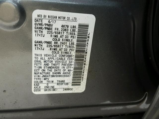 JN8AT2MV8HW026887 - 2017 NISSAN ROGUE S GRAY photo 10