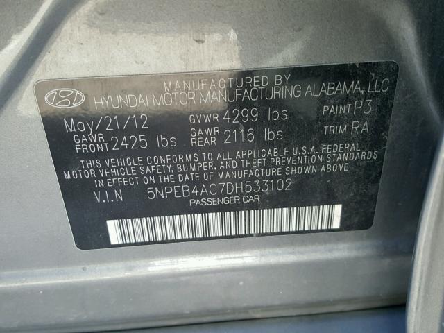 5NPEB4AC7DH533102 - 2013 HYUNDAI SONATA GLS GRAY photo 10