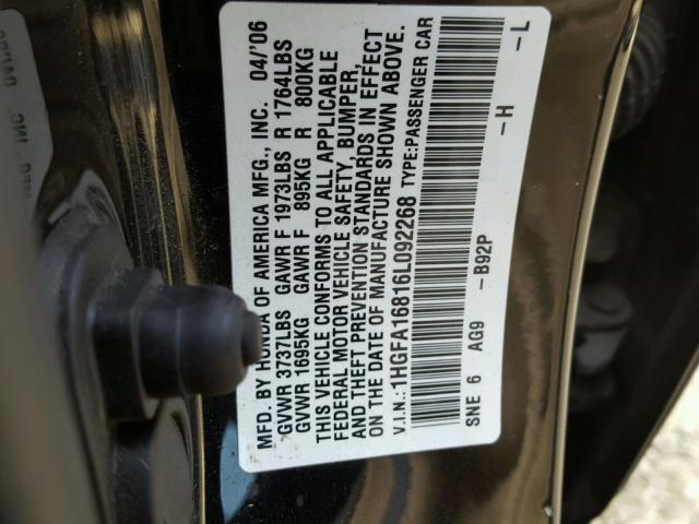 1HGFA16816L092268 - 2006 HONDA CIVIC EX BLACK photo 10