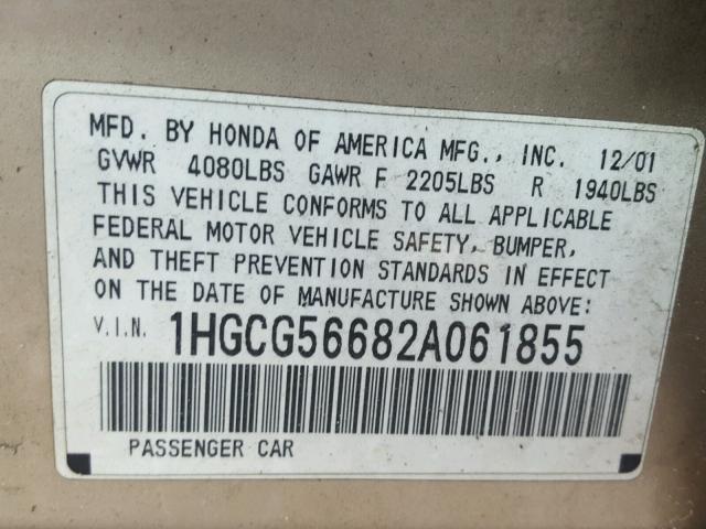 1HGCG56682A061855 - 2002 HONDA ACCORD EX TAN photo 10