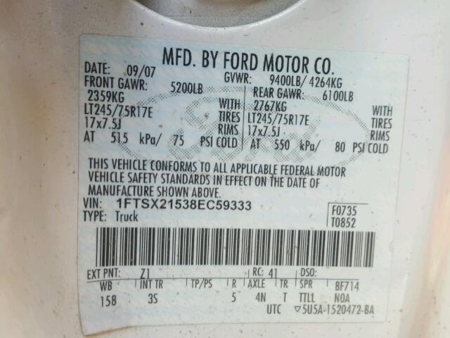 1FTSX21538EC59333 - 2008 FORD F250 SUPER WHITE photo 10