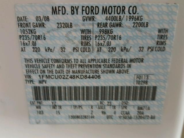 1FMCU02Z48KD84406 - 2008 FORD ESCAPE XLS WHITE photo 10