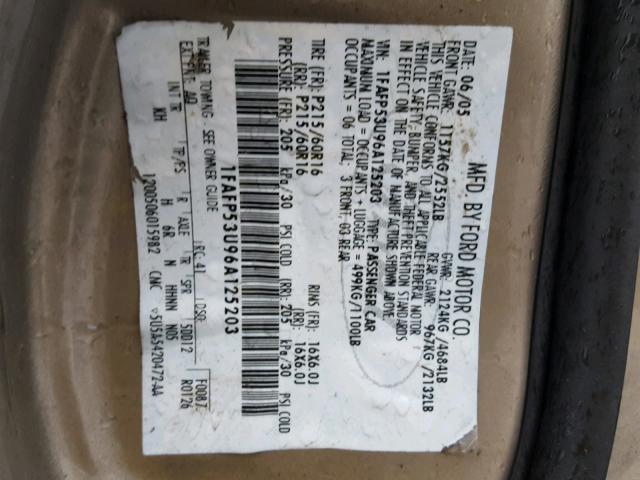 1FAFP53U96A125203 - 2006 FORD TAURUS SE GOLD photo 10