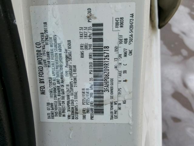 3FAHP08Z09R126718 - 2009 FORD FUSION SEL WHITE photo 10