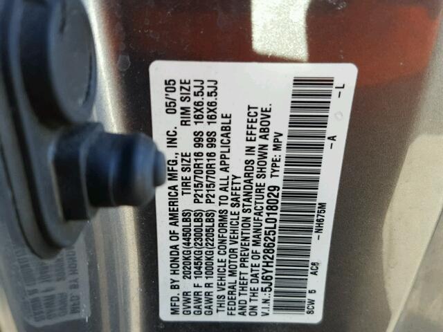 5J6YH28625L018029 - 2005 HONDA ELEMENT EX GRAY photo 10