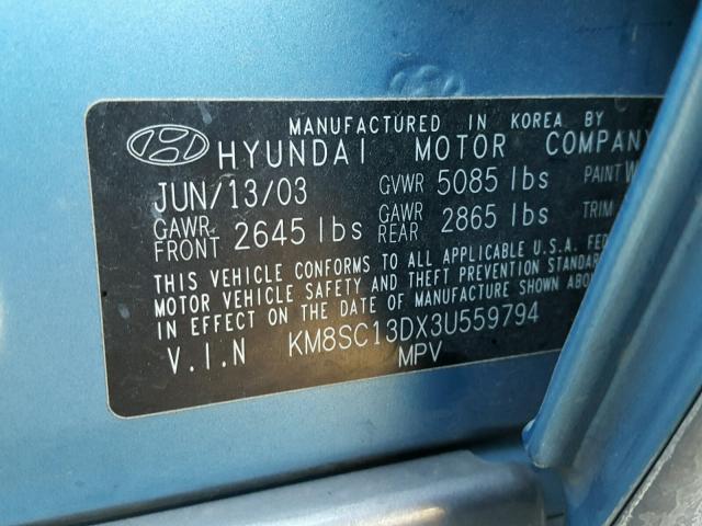 KM8SC13DX3U559794 - 2003 HYUNDAI SANTA FE G BLUE photo 10